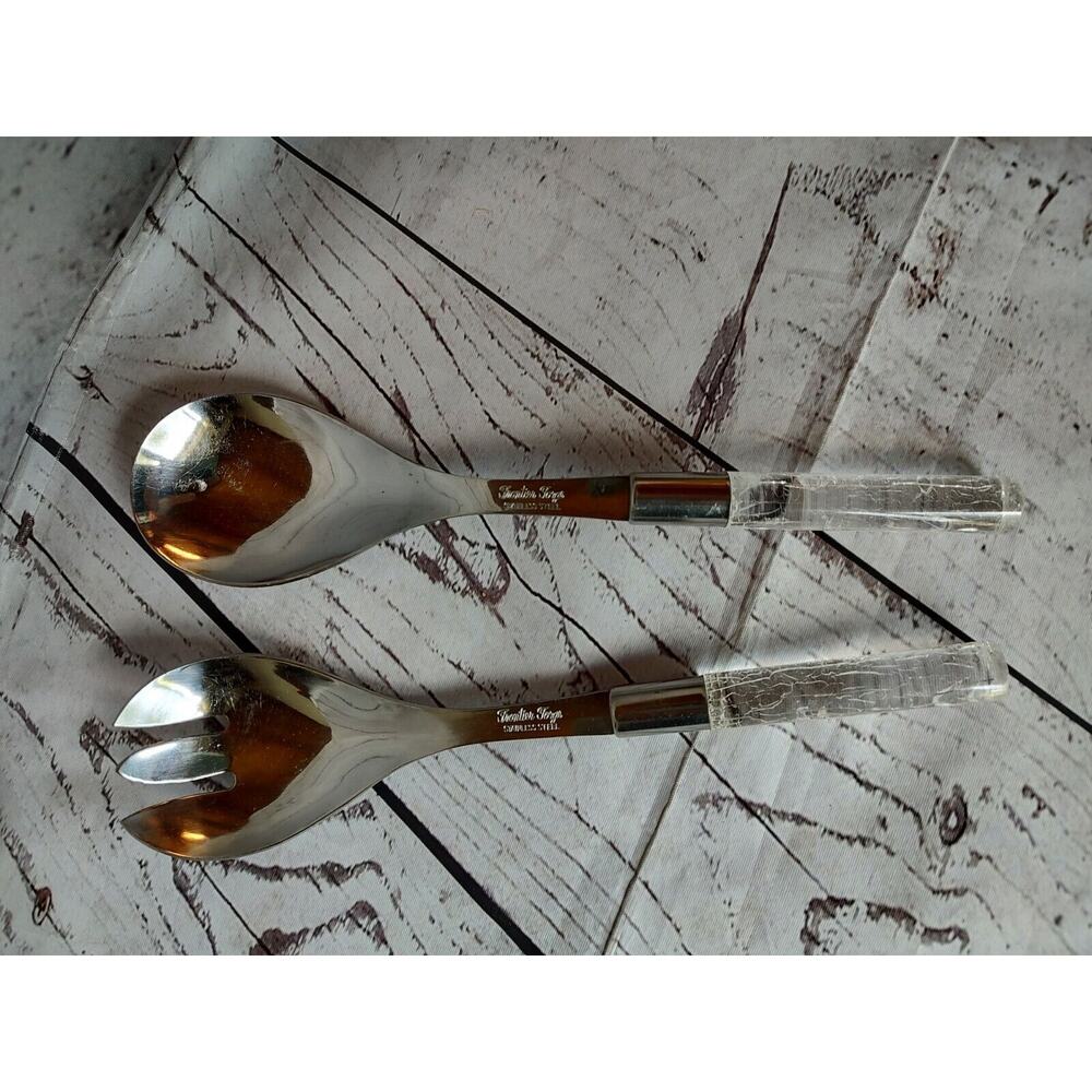 Vintage Japan Salad Tongs Spoons Frontier Forge Lucite Acrylic Handle Stainless